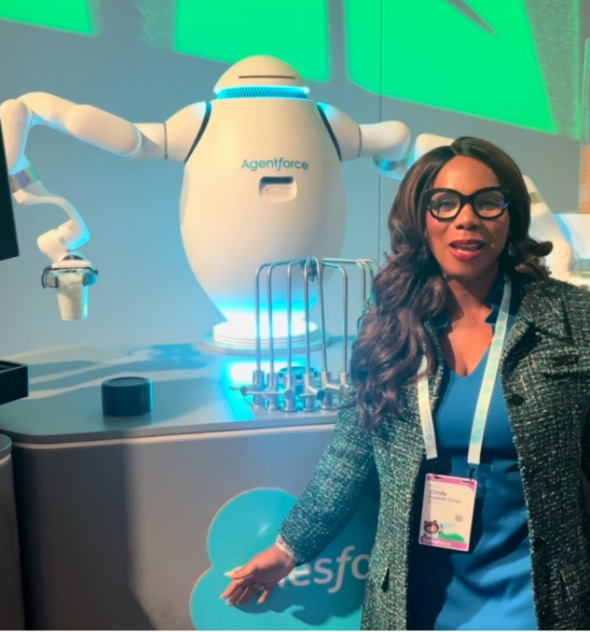 Cindy Tyeskey-Gage with an Agentforce robotics demo at a Salesforce event